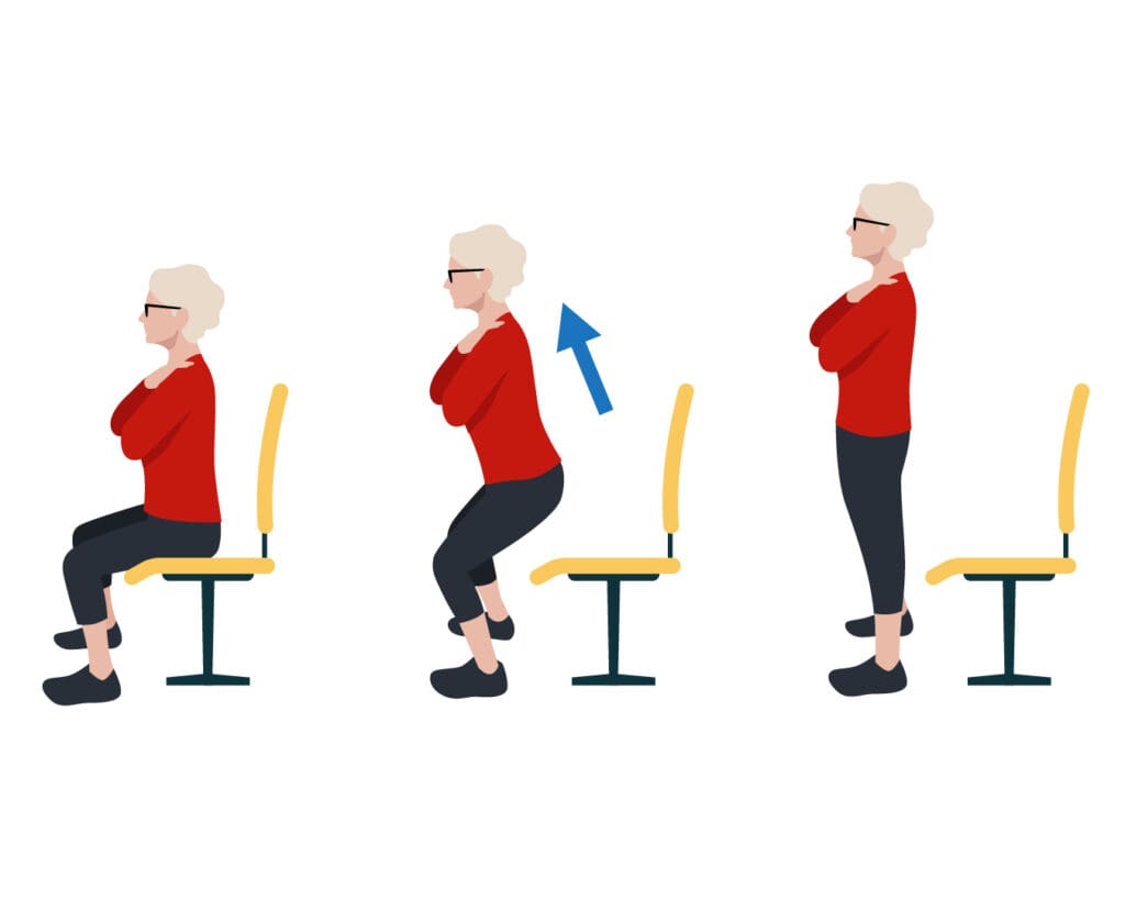 Older woman character demonstrates a sit to stand stretch